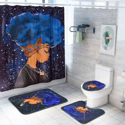 

〖Follure〗African Explosion Head Woman Waterproof Shower Curtain Bathroom Mat Four-piece
