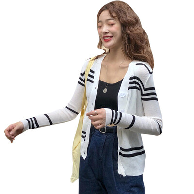 

Sweater Cardigans Women V-neck Striped Long Sleeve Slim Sweater Short Knit Casual Autumn Wild Female Cardigans