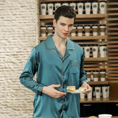 

2018 Rayon Silk Pajamas Mens Spring Long-sleeved Trousers Set Sleepwear Soft Satin Silk Nightgown For Men Pajamas TZ725