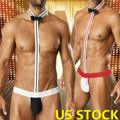 

USA Lingerie Men Strappy Thong Bodysuit Jumpsuit Cockring Set Mankini Underwear