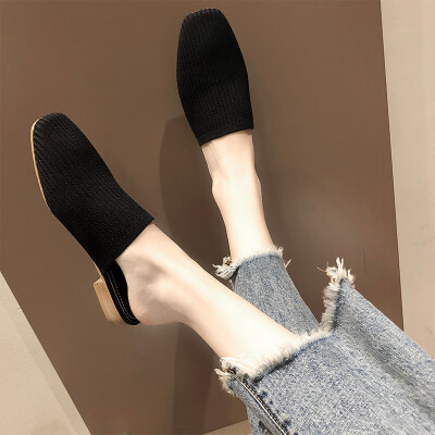 

Summer thick heel muller slippers womens fashion pointed knitting elastic retro Baotou half slippers with