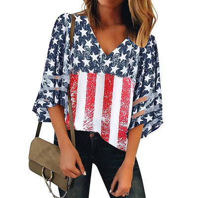 

Nomeni Women American Flag V Neck Mesh Panel Blouse Short Bell Sleeve Top Shirt