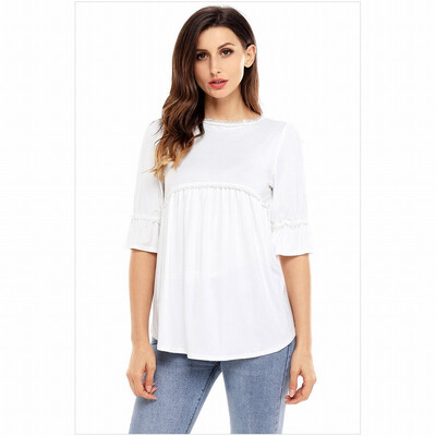 

Solid color round neck seven-sleeve back zip comfort shirt casual slim shirt