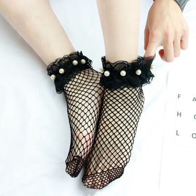 

Fashion Women Ruffle Pearl Fishnet Ankle Socks Lady Mesh Lace Fish Net Short Socks
