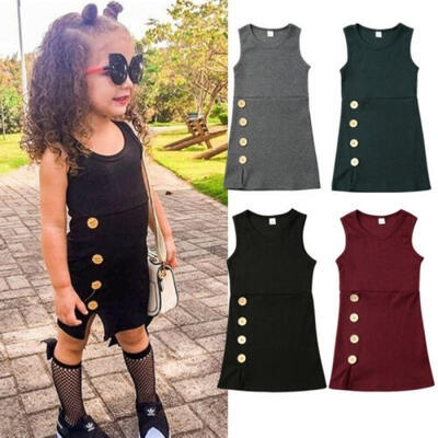 

Toddler Kids Baby Girl Plain Solid Sleeveless Dress Casual Party Button Knitted Dresses Clothes
