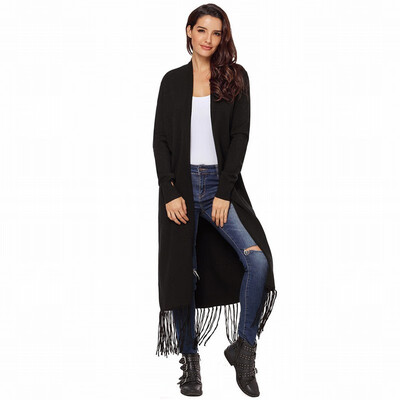 

Long sleeved cardigan sweater skirt fringed loose long knit sweater