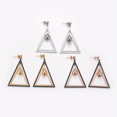 

304 Stainless Stee Dangle Stud Earrings Triangle Mixed Color 61x39mm Pin 07mm
