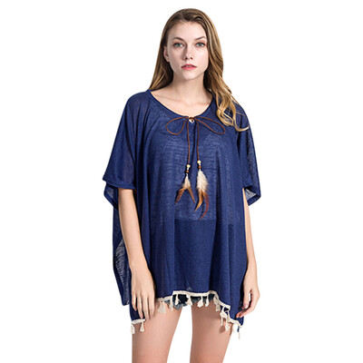 

Scoop Neck Half Sleeve Fringed Feather Slit Loose Beach Top Women Blouse
