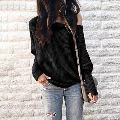 

Autumn Ladies Fashion Off Shoulder Tops Solid Color Casual Bat Shirts Women Loose T-shirt Long Sleeve Blouse