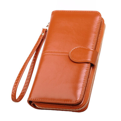 

Fashion Women Solid Color Waxy Leather Long Zipper Wallet Phone Holder Purse