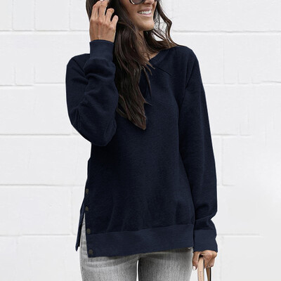 

Womens Long Sleeve Pullover Tops Casual Solid Buttons Loose Sweatshirt Blouse