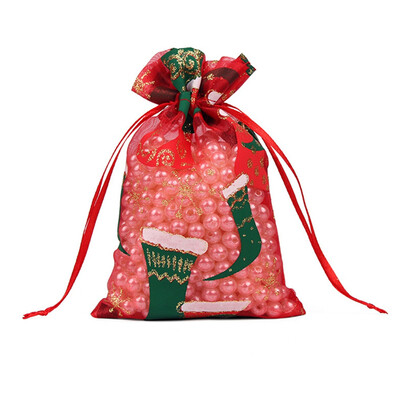 

Colored Santa Claus Christmas Organza Pouch Wire Mesh Element Jewelry Bags Packaging Drawable Organza Gift Bags