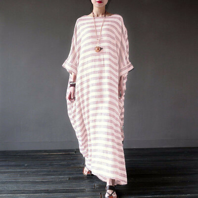 

Retro Women Crew Neck Loose Casual Stripe Cotton Baggy Oversized Long Maxi Dress