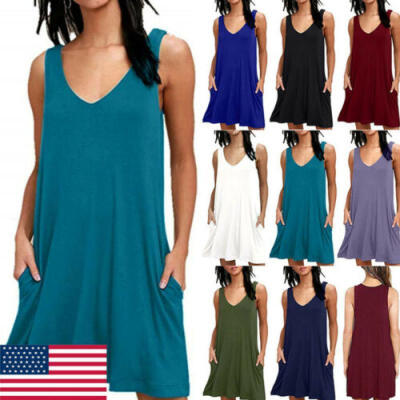 

Women Dress Tank Top Sleeveless V-Neck Solid Pockets Shirt Mini Beach Dress