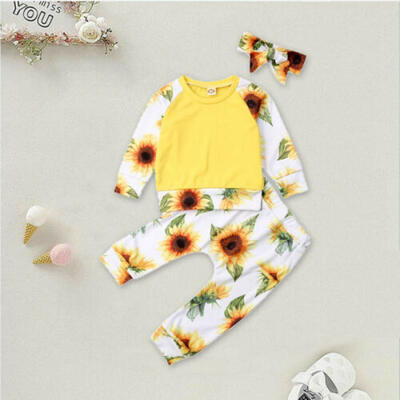 

AU Newborn Kids Baby Girl Clothes Sunfloewr Shirt Top Long Pants Headband Outfit