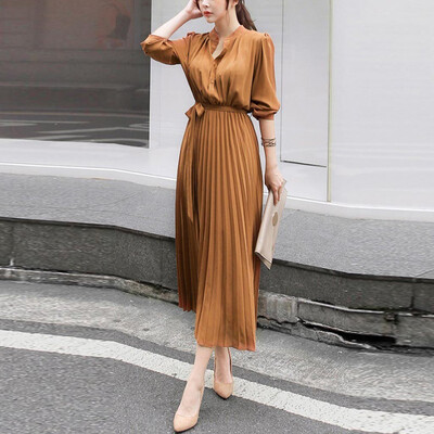 

Tailored Women Casual Solid V-Neck Dress Long Sleeve Beam Waist Big Swing Pleated Dress