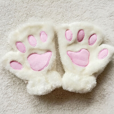 

Women Cute Cartoon Cat Thick Plush Bear Paw Half Finger Gloves Winter Girl Fingerless Cat Claw Fashion Warm Gloves
