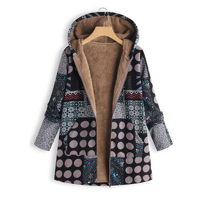 

NEW Women Ethnic Style Print Coat Hooded Casual Long Sleeve Single-Breasted Plus