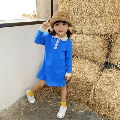 

Baby Girls Dresses 1-7T New Autumn Lapel Princess Casual Solid Color Sweet Toddler Girl Clothes Long Sleeve Dress