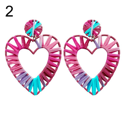 

Boho Beach Women Rainbow Raffia Rattan Hollow Heart Drop Statement Stud Earrings
