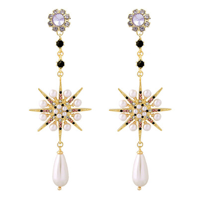 

Floral Pentagram Faux Pearl Rhinestone Inlaid Long Dangle Women Stud Earrings