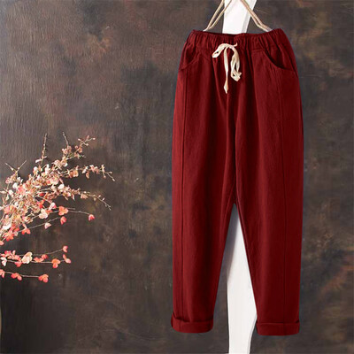 

Women Casual Pants Solid Elastic Mid Waist Pockets Ladies Long Loose Pants