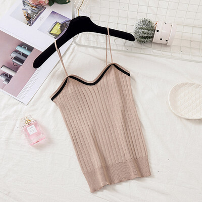 

Women Versatile Sweet Knit Off Shoulder Slim Solid Color Sexy Strap V Collar Camisole