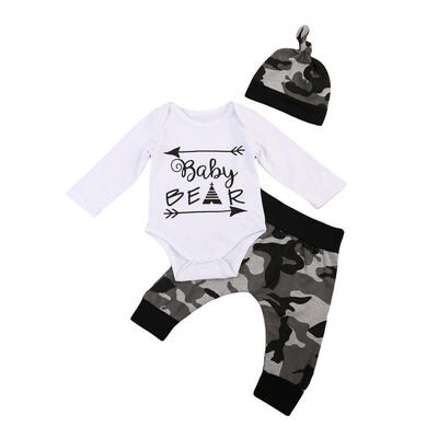 

3PCS Fashion Newborn Baby Boys Long Sleeve Cotton Romper Bodysuit Camo Harem Pants Hat Outfit Clothes Set