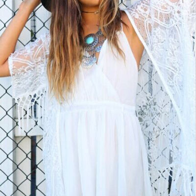

Solid White Black Women Boho Kimono Cardigan Summer Beach Lace Crochet Chiffon Loose Outwear Vintage Blouse Tops Plus Size