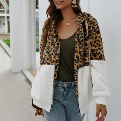

Gobestart Women Leopard Print Patchwork Fleece Long Sleeves Cardigan Zipper Keep Warm Coat