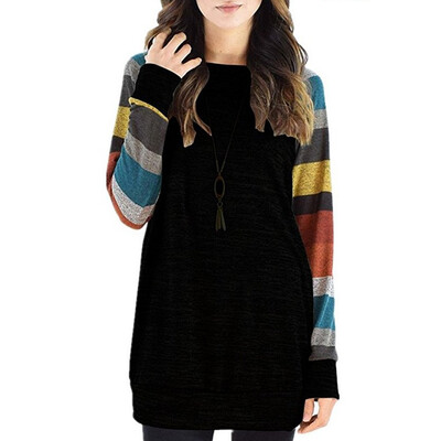 

Women Fashion Round Collar Summer Color Matching Loose Long Sleeve Casual Simple Wild T-Shirt