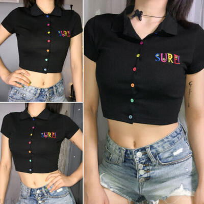 

Summer Women V-Neck Letter Print Vest Short Sleeve Rainbow Button Crop Top