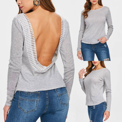 

Nomeni Fashion Round Collar Long Sleeve Backless Spliced Lace Applique Womens T-Shirt