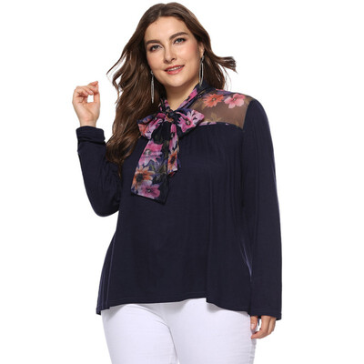 

Big Size  2XL 3XL 4XL Elegant O-neck Tee Shirts Casual Loose Soft Mesh Stitching Super Slim Tops Women Bow T-Shirt