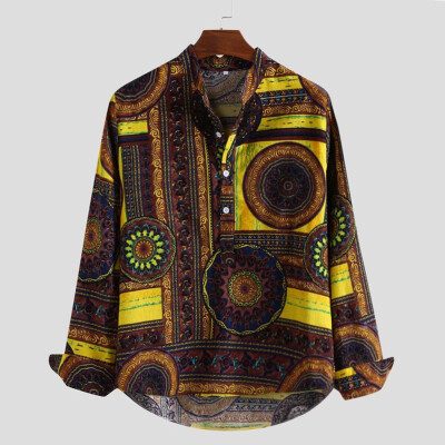 

Toponeto Mens Vintage Ethnic Printed Loose Comfy Long Sleeve Loose Casual Shirt Top