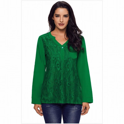 

V-neck button long sleeve lace casual blouse