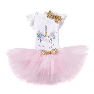

Newborn Baby Girl Cartoon Romper Tops Lace Tutu Skirt Party 3Pcs Outfits Clothes