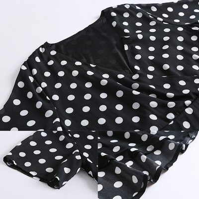 

Women Polka Dot Chiffon Dress Deep V Neck Short Sleeves Cross Overlap Vintage Dress Plus Size Black