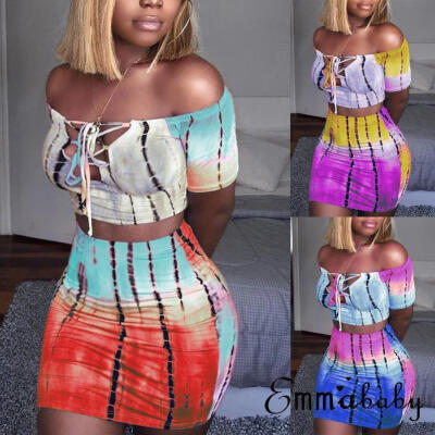 

Womens Bodycon Two Piece Crop Tops Skirt Set Ladies Bandage Mini Dress