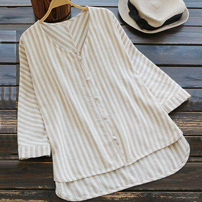 

Starmoon Women Casual Loose Linen Plus Size V Neck Stripe Button Tanic Shirt Blouse Tops