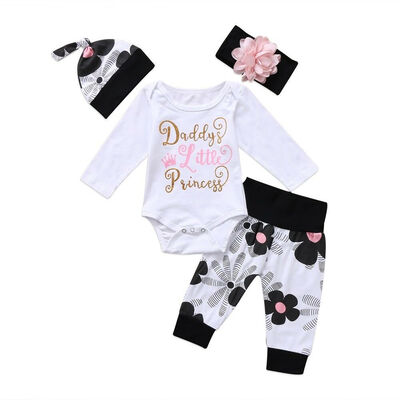 

4PCS Newborn Baby Girl Kids Tops RomperLong Pants Headband Outfits Clothes Set