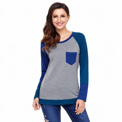 

Round neck long sleeve two-color stitching shirt contrast color pocket casual straight top