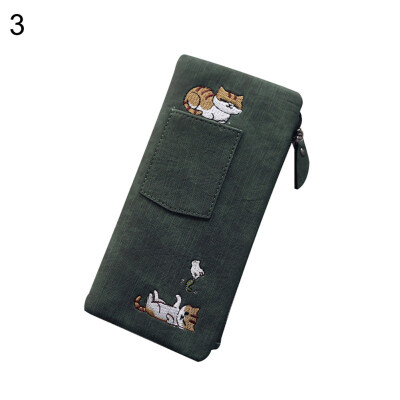 

Cartoon Cat Embroidery Women Long Purse Card Cash Holder Faux Leather Clutch Bag