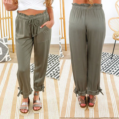 

Tailored Fashion Women Elastic High Waist Lacing Casual Pocket Trousers Solid Loose Pants