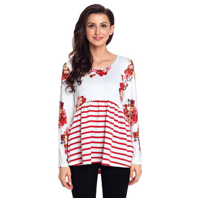 

Round neck long sleeve striped print stitching casual loose tops womens