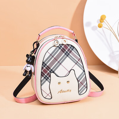 

New cute cat decorative check small round bag shoulder bag student Korean version ins wind children fun shoulder bag