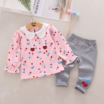 

Autumn Baby Girls Floral Cherry Print Long Sleeve T-shirt Blouse Trousers Bottoms Casual Outfits