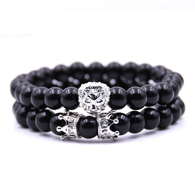 

8 mm Micro Inlay Double Crown Lion Head Natural Stone Bracelet Hand Circle Unisex Pair Bracelet Jewellery Hot Gift