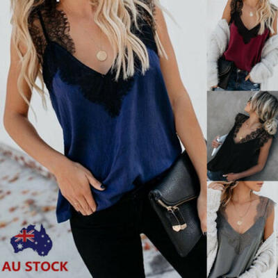 

Women Deep V Neck Lace Sexy Vest Summer Sleeveless Tank Tops Beach Singlet AU