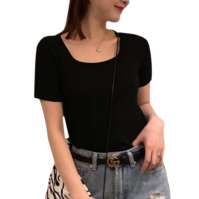 

Women Summer Fashion Concise Solid Color U-shape Collar Short Sleeve Slim Fit T-shirts